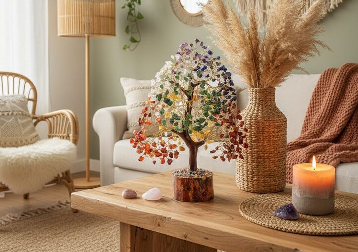 cozy boho living room inspiration warm natural decor & crystal tree accent