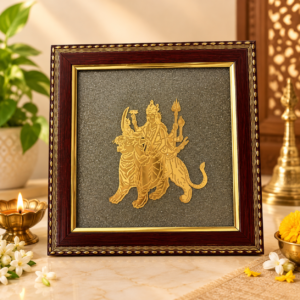 golden durga altar art with diyas